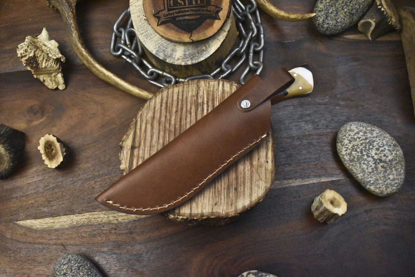 Twist Damascus Skinner Knife with Corian Handle and Micarta Bolster – Handmade EDC Blade