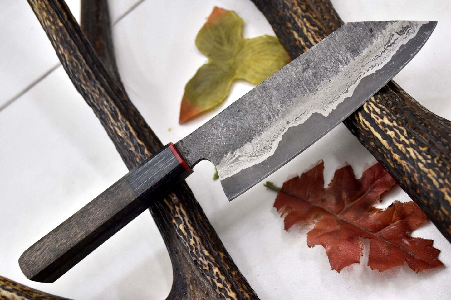 Custom Hammered San Mai Damascus Steel Chef Knife – Handmade with Walnut Handle