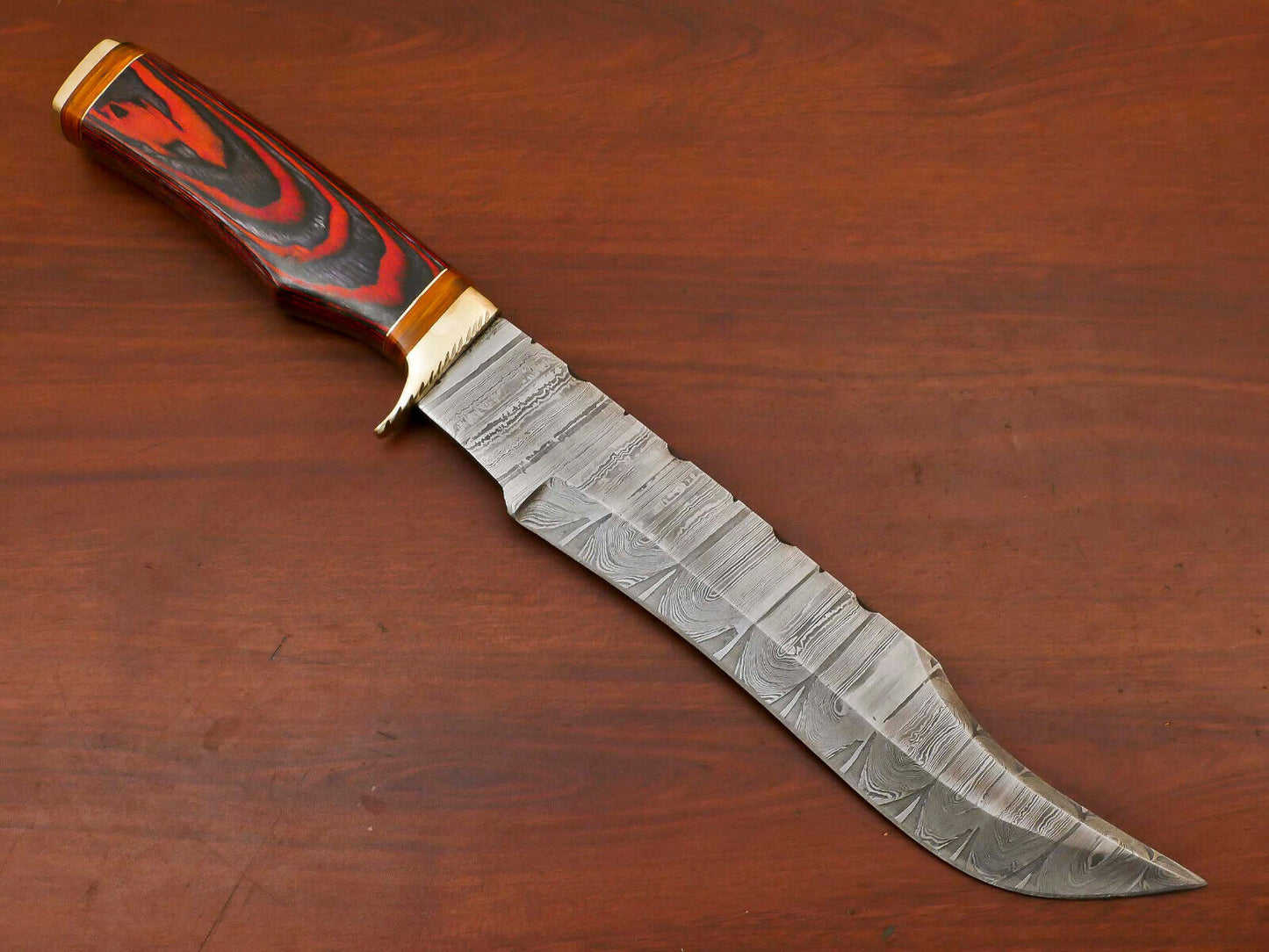 14" Handmade Damascus Bowie – Pakka Wood Hunting Knife with Brass Guard
