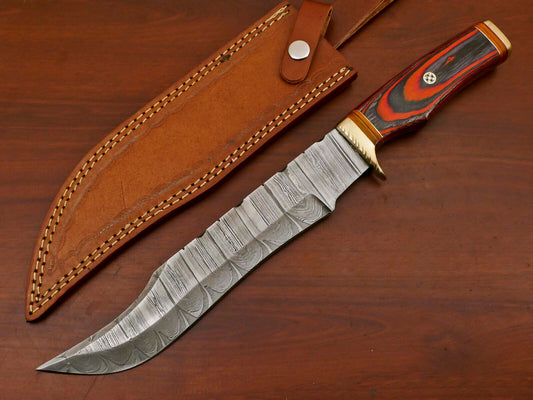 14" Handmade Damascus Bowie – Pakka Wood Hunting Knife with Brass Guard