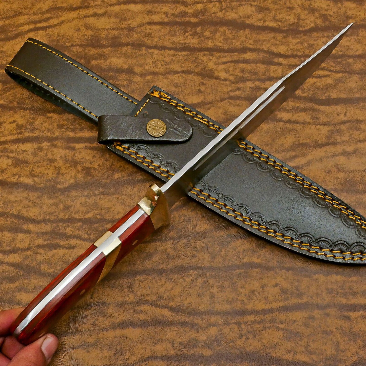 12-Inch Handmade D2 Clip Point Bowie Knife – Full Tang Hunting & EDC with Pakka Wood Handle0