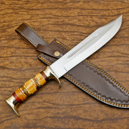 Handmade D2 Engraved Bone Handle Bowie Knife | 13" Custom Hunting & Camping Knife