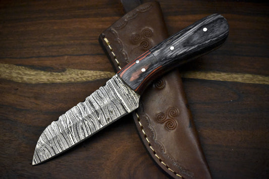 7.5" Twist Damascus Skinner Knife Hardwood Handle Wooden Bolster Custom Gift