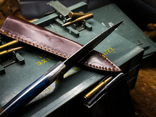 Handmade Damascus Steel Hunting Kitchen Chef Knife, Horn Handle, Leather Sheath