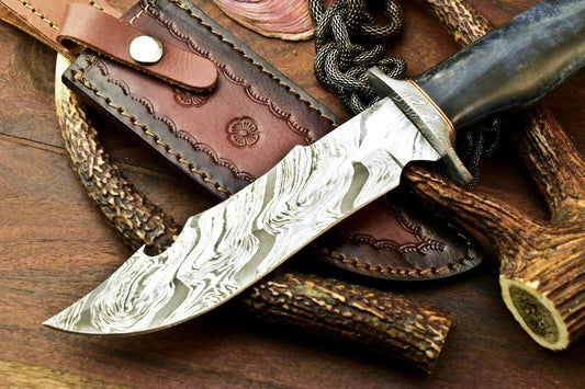 12" Handmade Damascus Bowie Hunting Knife | Camel Bone Handle