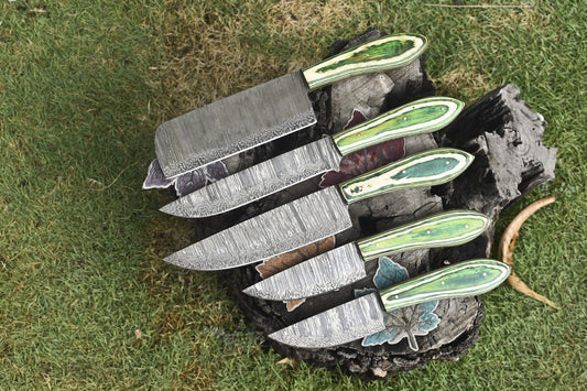 Forged Twist Damascus Chef Knives – Hardwood Handle Lot of 5 | Outdoor Closeout Set