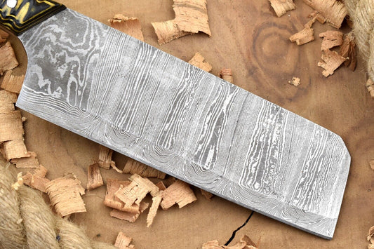 Custom Handmade Damascus Steel Chef Knife – 11" Kitchen Knife with 6" Blade & Black/Yellow Dollar Cleaver Sturl Open Tang Handle
