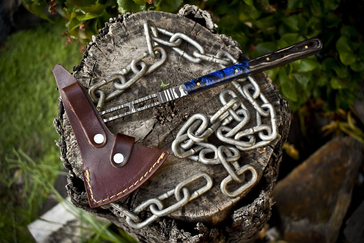 Forged Clever Chopper Axe Knife Twist Damascus Mixed Material with Leather Sheath