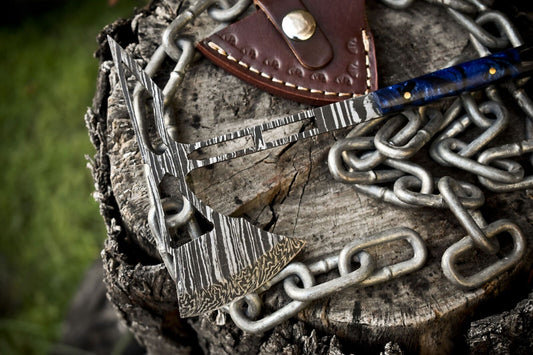 Forged Clever Chopper Axe Knife Twist Damascus Mixed Material with Leather Sheath