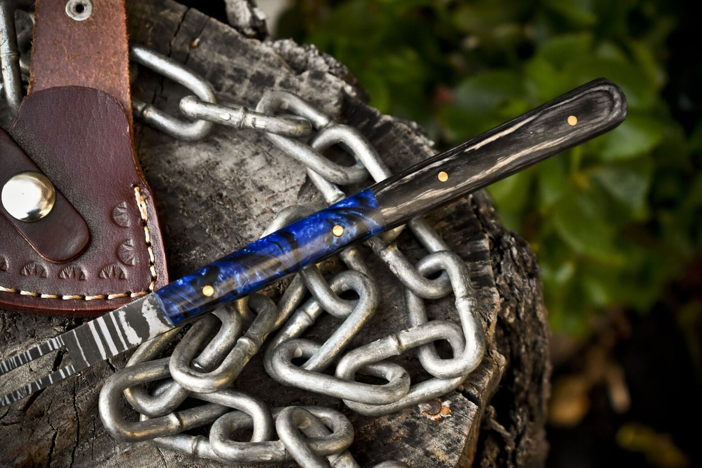 Forged Clever Chopper Axe Knife Twist Damascus Mixed Material with Leather Sheath