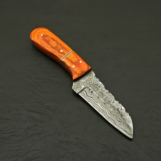 Custom Hand Forged Damascus Skinner Knife with Twist Pattern Blade and Pakka Wood Handle – Handmade Fixed Blade Hunting Knife