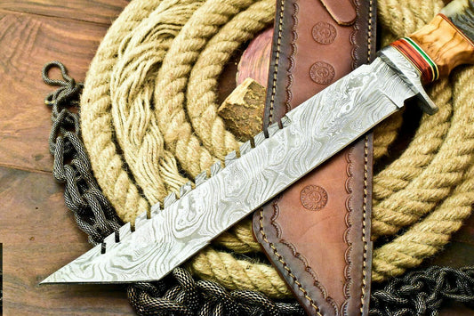 14" Custom Handmade Damascus Steel Bowie Hunting Knife – Ram’s Horn Handle