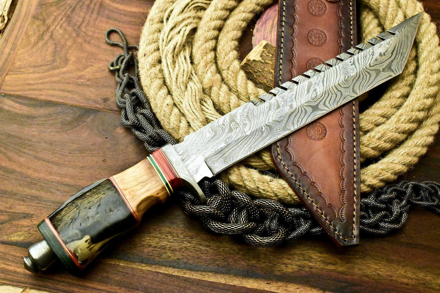 14" Custom Handmade Damascus Steel Bowie Hunting Knife – Ram’s Horn Handle