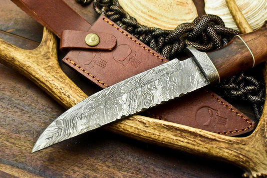 12" Handmade Damascus Bowie Knife – Walnut Wood Handle & Leather Sheath