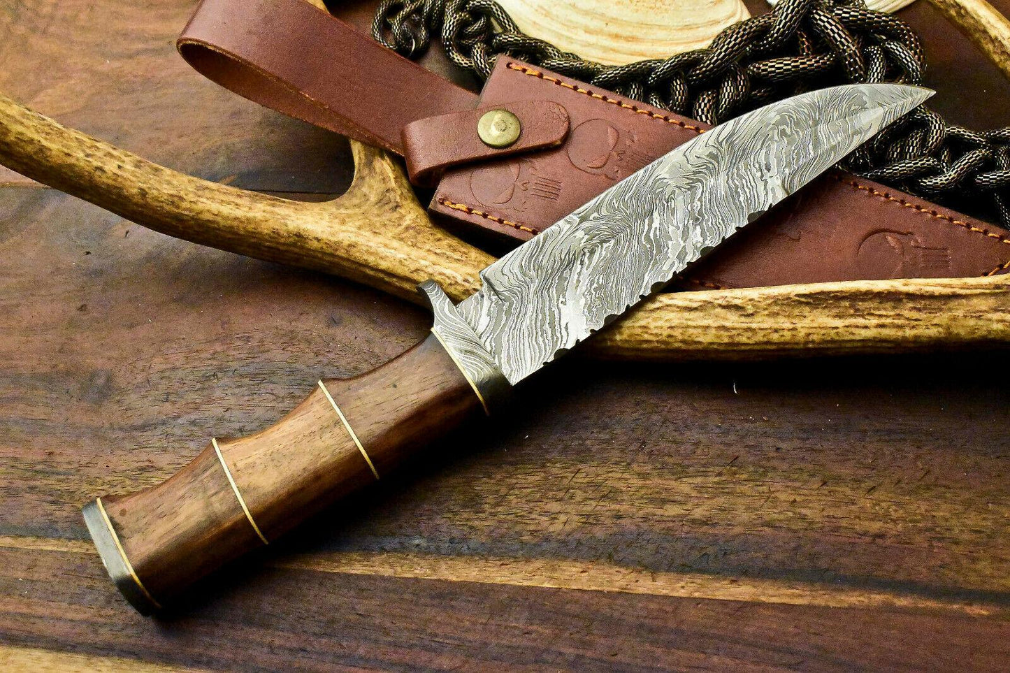 12" Handmade Damascus Bowie Knife – Walnut Wood Handle & Leather Sheath