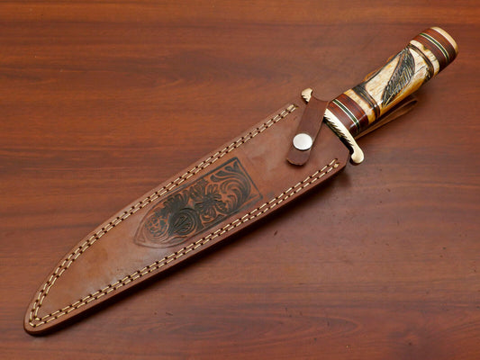 15" Damascus Bowie Knife – Stained Engraved Bone & Pakka Wood Handle with Brass Guard