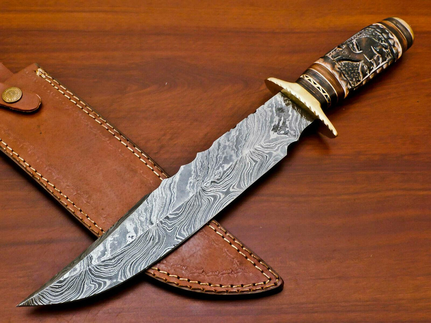 Handmade 15" Custom Engraved Damascus Bowie Hunting Knife – Camel Bone & Pakka Wood Handle