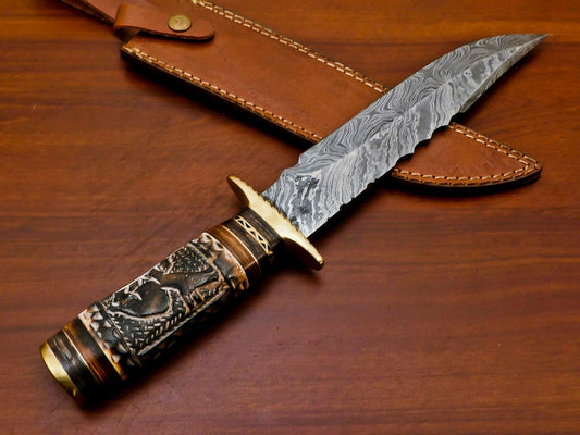 Handmade 15" Custom Engraved Damascus Bowie Hunting Knife – Camel Bone & Pakka Wood Handle