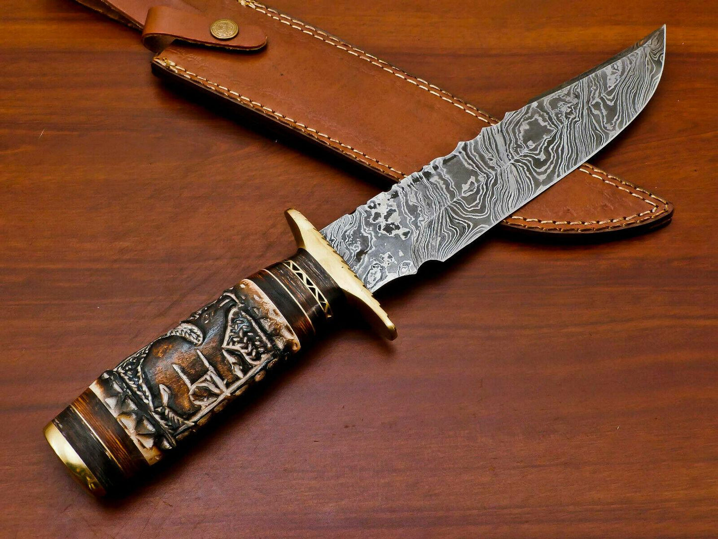 Handmade 15" Custom Engraved Damascus Bowie Hunting Knife – Camel Bone & Pakka Wood Handle
