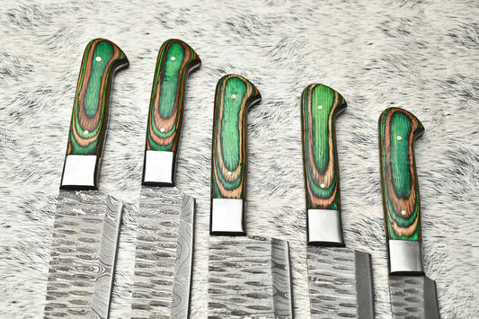 Lot of 5 Handmade Damascus Hammered Full Tang Chef Knife Set with Hardwood Handles