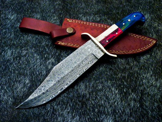 12" Damascus Full Tang Bowie Knife – Texas Flag Handle