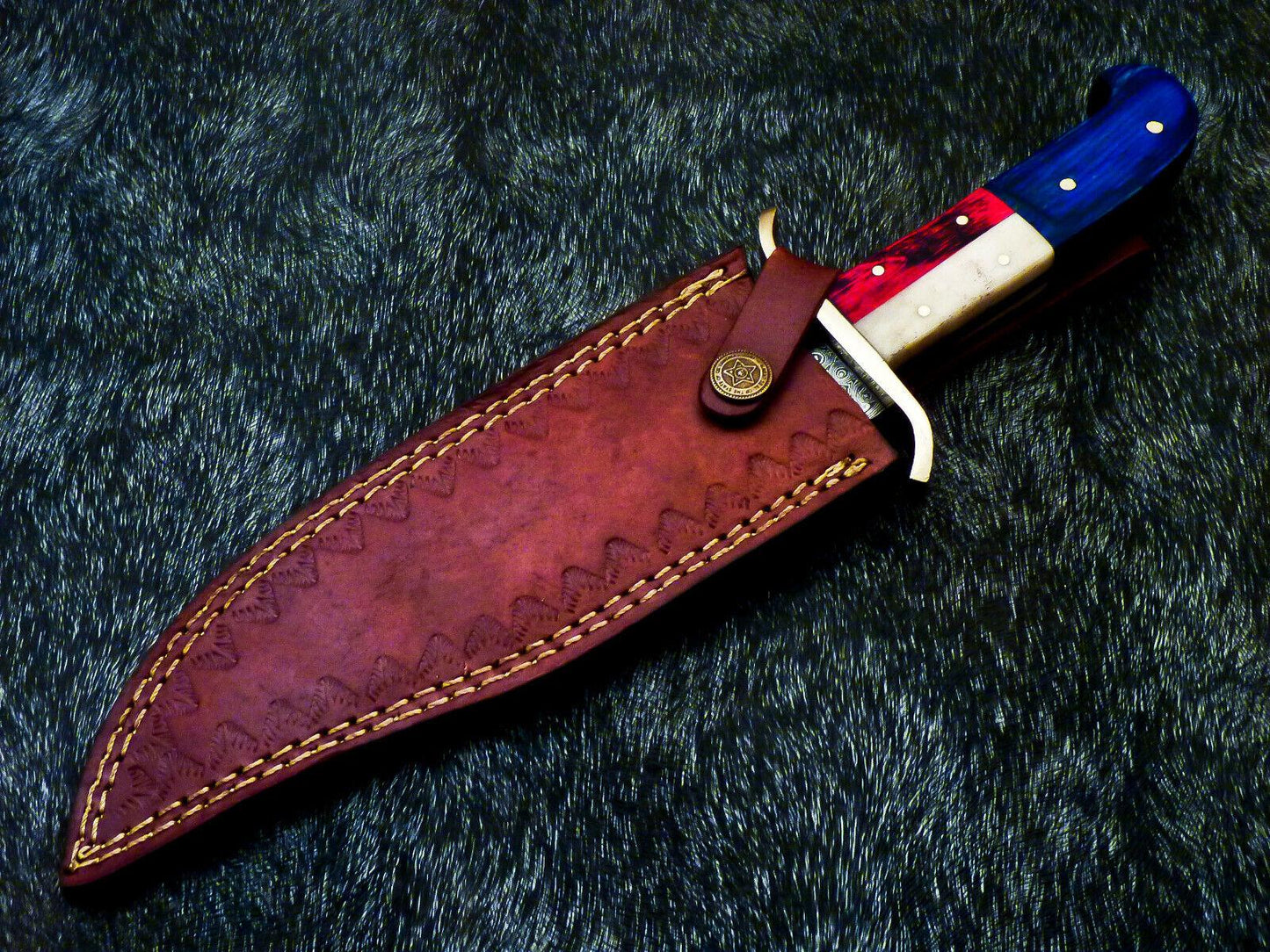 12" Damascus Full Tang Bowie Knife – Texas Flag Handle