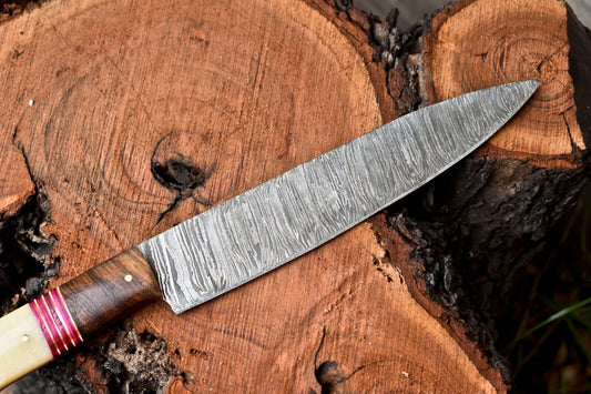 Handmade Damascus Steel Chef Knife – Camel Bone Handle, Full Tang Blade