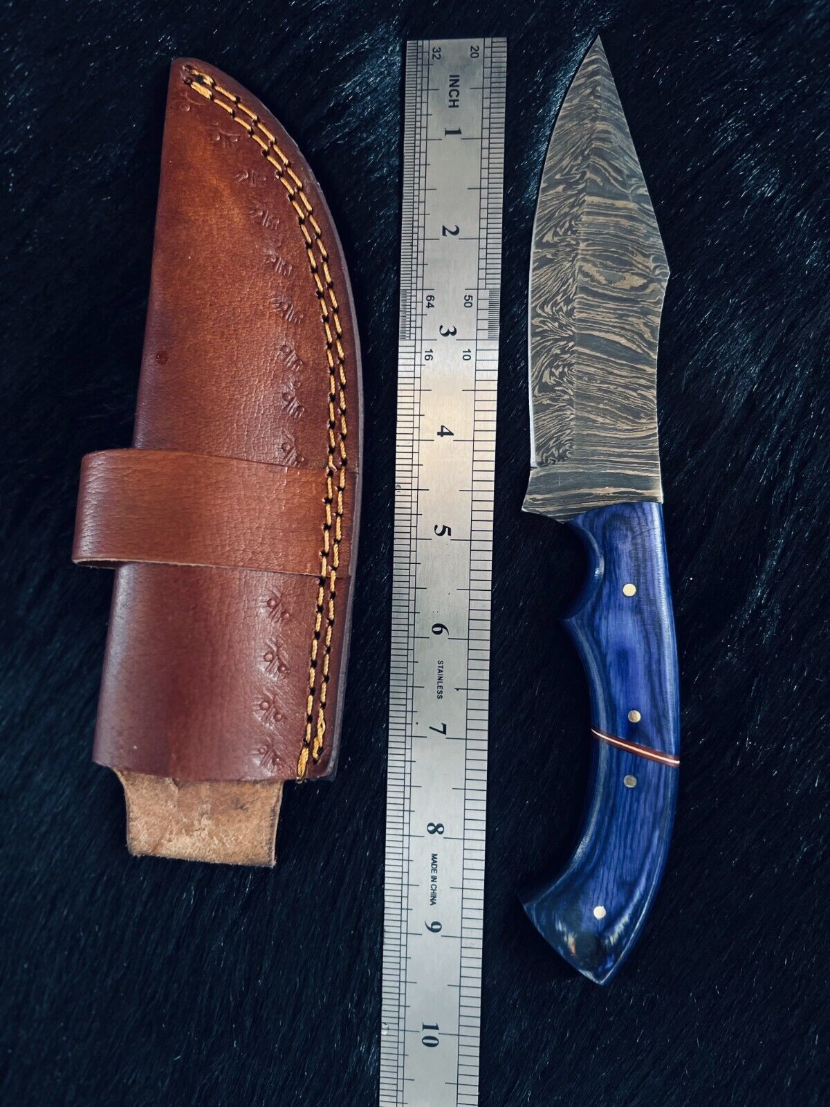Heritage Forge 9.5" Fire Damascus Steel Skinner Knife with Camel Bone and Wood Handle