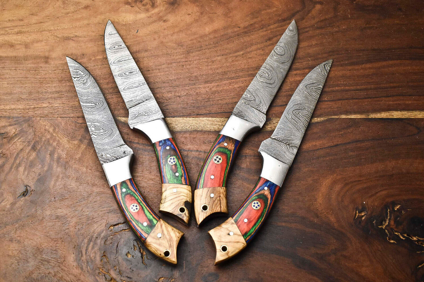 Custom Lot of 4 Rare Handmade Damascus Steel Chef Knife Set