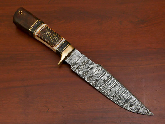 Heritage Forge 12 Inch Damascus Steel Bowie Hunting Knife with Camel Bone and Rose Wood Handle