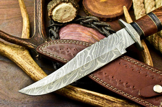 13" Custom Handmade Damascus Steel Bowie Hunting Knife | Walnut Wood Handle & Leather Sheath