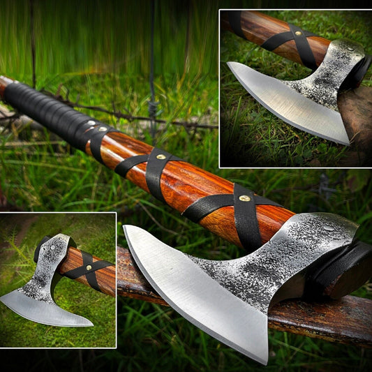 Ragnar Viking Axe Hand Forged Carbon Steel Battle Hatchet Tomahawk with Ash Wood Handle and Leather Sheath
