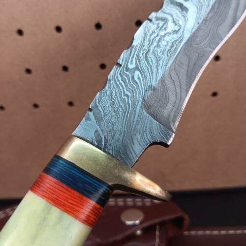 Heritage Forge Used Damascus Steel Bowie Hunting Knife with Sheath Pre-Owned
