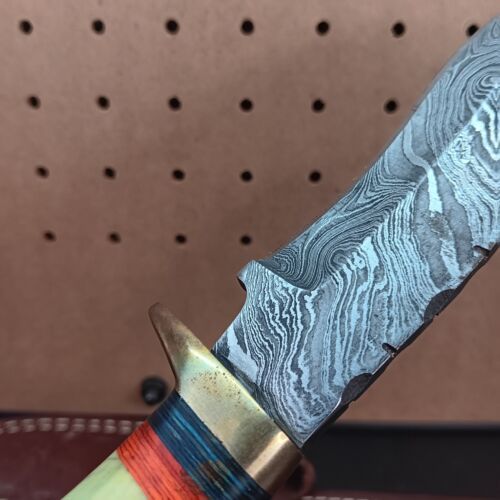 Heritage Forge Used Damascus Steel Bowie Hunting Knife with Sheath Pre-Owned