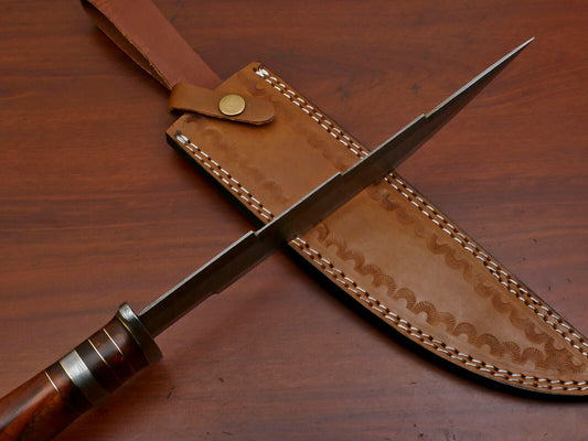 15" Damascus Kriss Blade Bowie Knife – Rosewood Handle & Custom Sheath