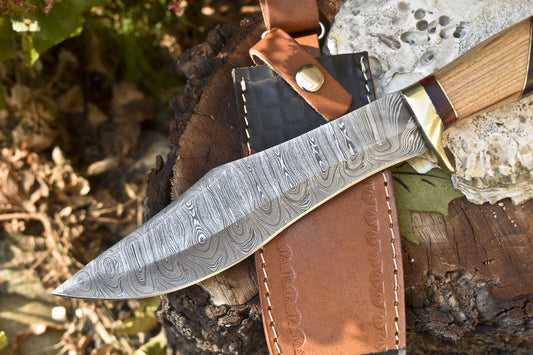 13 Inch Handmade Damascus Steel Bowie Knife with Olive Wood Handle and Leather Sheath