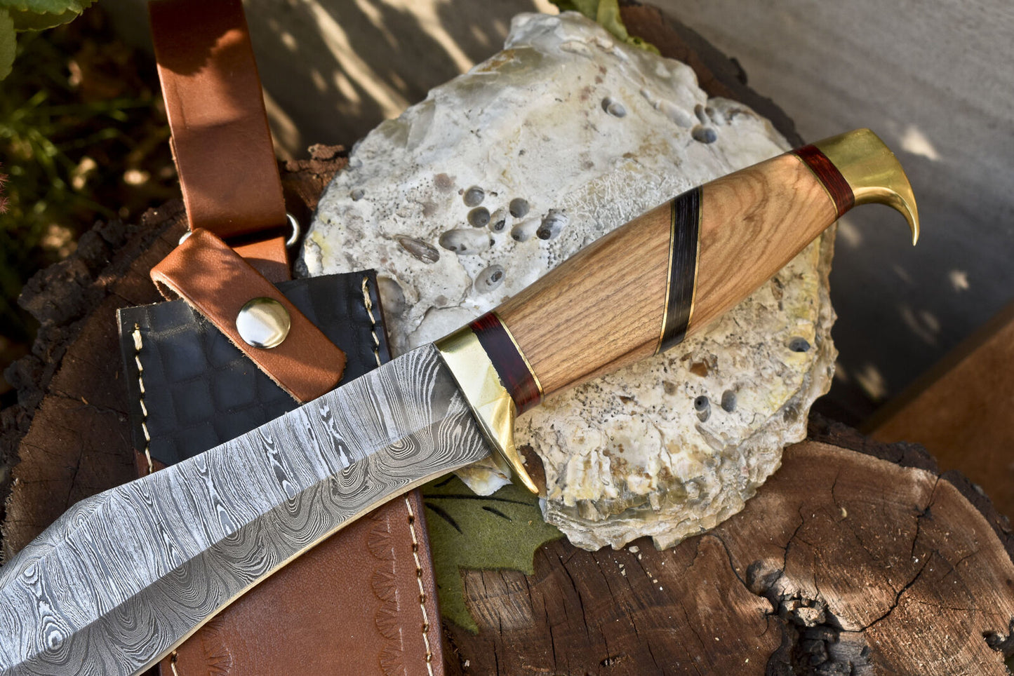 13 Inch Handmade Damascus Steel Bowie Knife with Olive Wood Handle and Leather Sheath