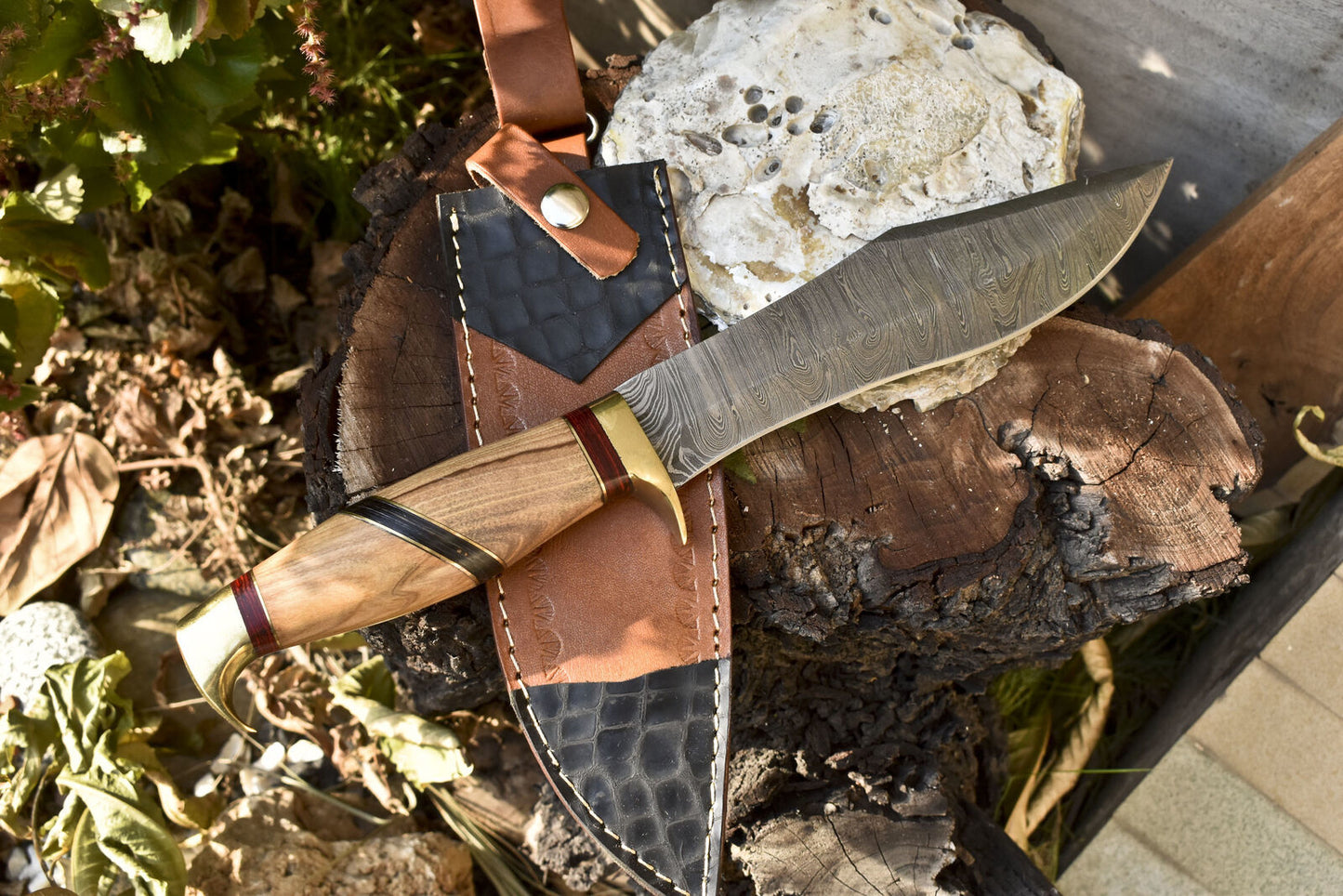 13 Inch Handmade Damascus Steel Bowie Knife with Olive Wood Handle and Leather Sheath