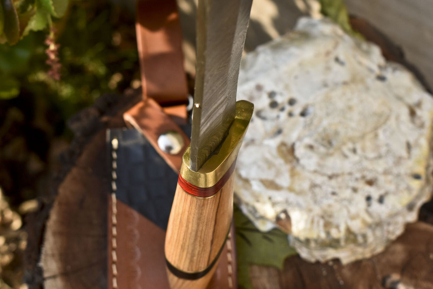 13 Inch Handmade Damascus Steel Bowie Knife with Olive Wood Handle and Leather Sheath