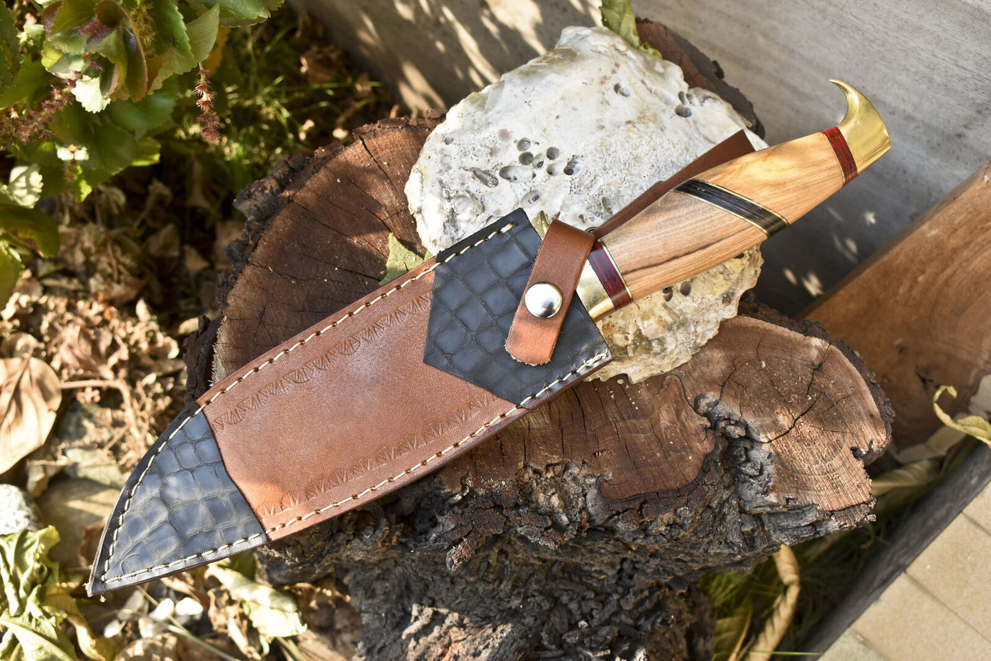 13 Inch Handmade Damascus Steel Bowie Knife with Olive Wood Handle and Leather Sheath