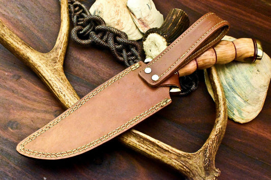 Handmade Damascus Steel Bowie Knife – 12.5" Olive Wood Handle Hunting Knife