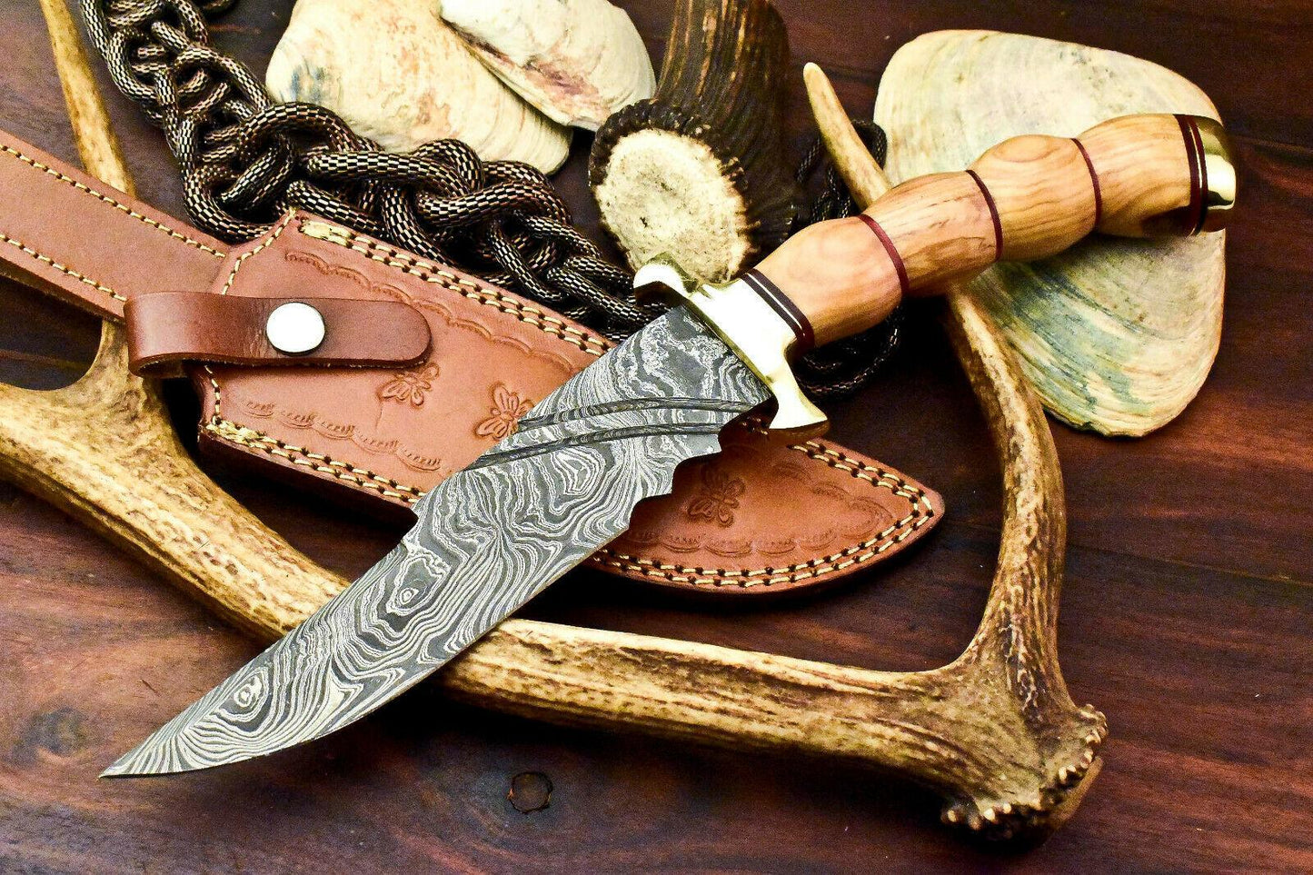 Handmade Damascus Steel Bowie Knife – 12.5" Olive Wood Handle Hunting Knife