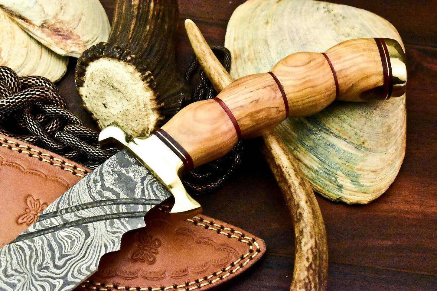 Handmade Damascus Steel Bowie Knife – 12.5" Olive Wood Handle Hunting Knife