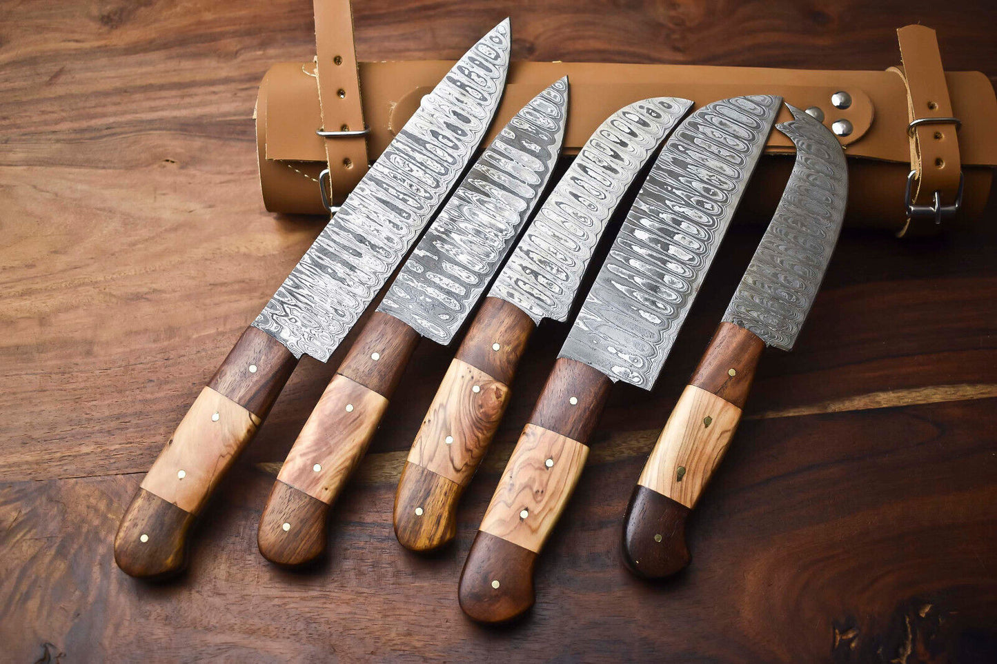 Lot of 5 Handmade Damascus Steel Blade Chef Knife Set with Leather Bag