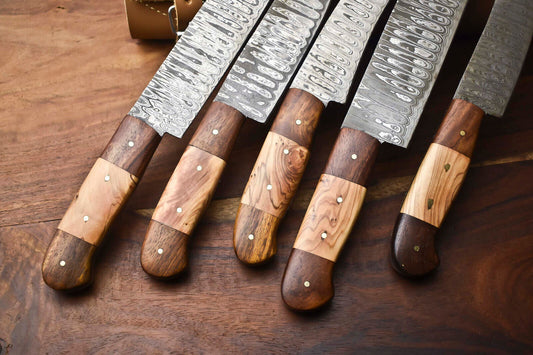 Lot of 5 Handmade Damascus Steel Blade Chef Knife Set with Leather Bag