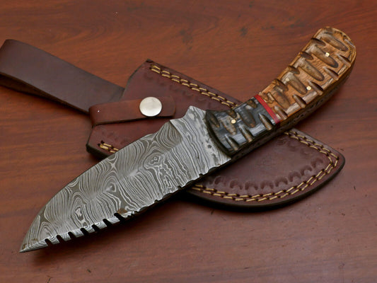 10.5" Handmade Damascus Steel Bowie Hunting Knife – Wood Handle
