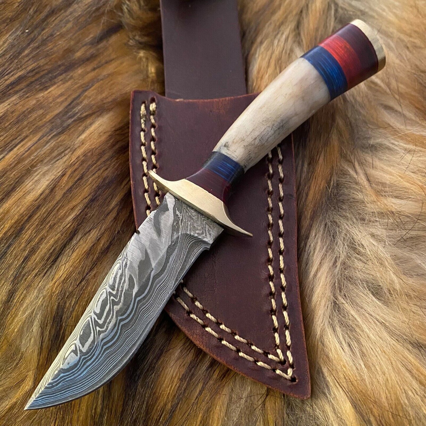 Custom Handmade Forged Damascus Skinner Hunting Knife with Stag and Brass Guard Handle W/ Leather Sheath
