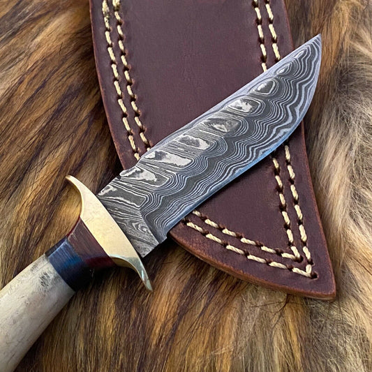 Custom Handmade Forged Damascus Skinner Hunting Knife with Stag and Brass Guard Handle W/ Leather Sheath