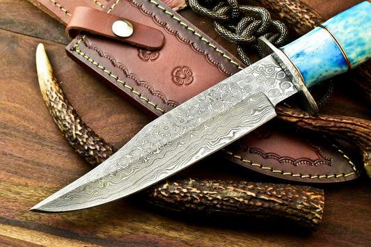 11.5" Handmade Damascus Steel Bowie Hunting Knife | Stained Camel Bone