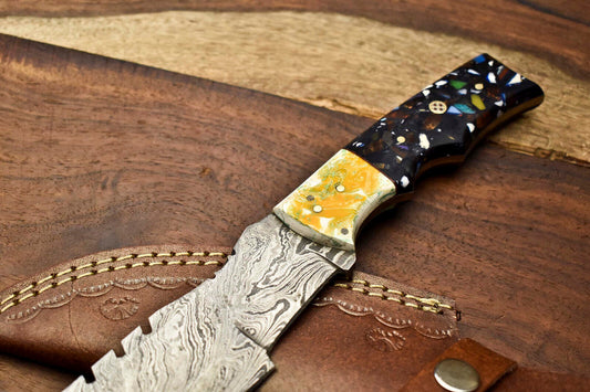 10.0" Handmade Damascus Steel Tracker Knife | Corian Handle Full Tang Survival Blade